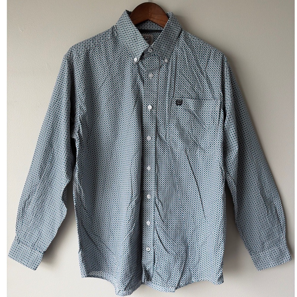 Cinch Mens Small Teal Grey Geometric Print Long Sleeve Button Down‎ Shirt Cotton